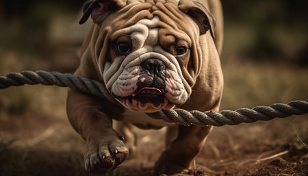 Cute bulldog puppy playing with leash in green grass outdoors generated by artificial intelligenceの素材