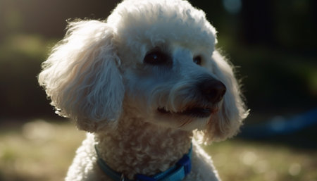 Cute purebred puppy sitting in grass, looking at camera obediently generated by artificial intelligenceの素材