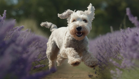 Small terrier puppy running outdoors, playing in meadow with flowers generated by artificial intelligenceの素材