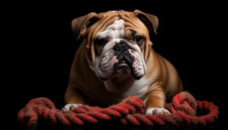 Cute purebred bulldog puppy looking at camera on black background generated by artificial intelligenceの素材