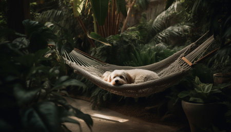Cute terrier puppy sleeping in hammock, enjoying tranquil summer vacations generated by artificial intelligenceの素材