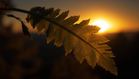 Vibrant autumn tree backlit by sunset, surrounded by yellow leaves generated by artificial intelligenceの素材