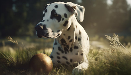Spotted Dalmatian puppy sitting in green meadow, looking at camera generated by artificial intelligenceの素材