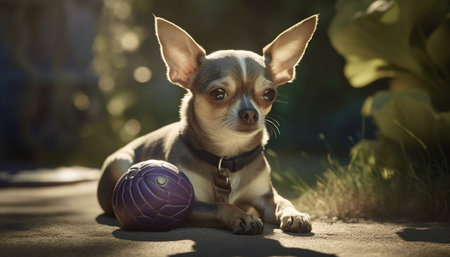 Cute purebred puppy playing with ball in nature sunlight generated by artificial intelligenceの素材