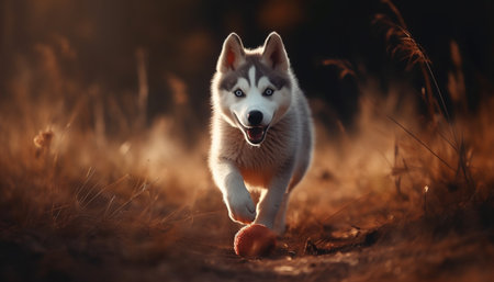 Cute purebred puppy playing in the meadow, running in nature generated by artificial intelligenceの素材