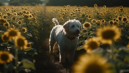 Cute puppy walking in meadow, surrounded by yellow sunflowers generated by artificial intelligenceの素材