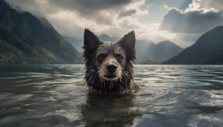 Purebred border collie puppy looking at camera in tranquil nature generated by artificial intelligenceの素材