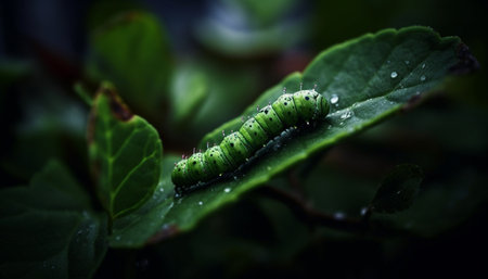 Caterpillar crawling on green leaf, macro close up, nature growth generated by artificial intelligenceの素材