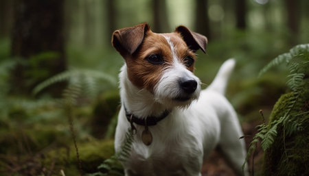 Cute terrier puppy sitting in grass, looking at camera playfully generated by artificial intelligenceの素材