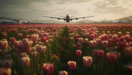 Flying airplane over vibrant meadow with tulips and multi colored flowers generated by artificial intelligenceの素材