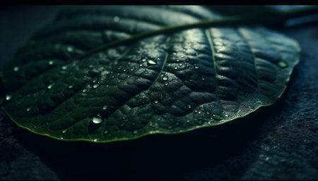 Vibrant green leaf with dew drop reflects autumn tranquil beauty generated by artificial intelligenceの素材