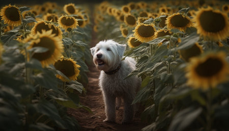 Cute yellow puppy sitting in meadow, surrounded by sunflowers generated by artificial intelligenceの素材