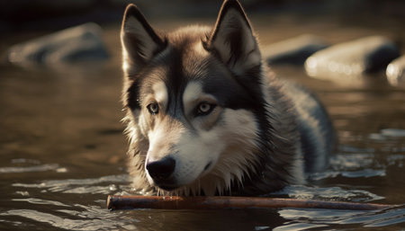 Cute puppy sitting outdoors, looking at camera with playful eyes generated by artificial intelligenceの素材