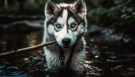 Cute purebred puppy, a sled dog, looking at camera outdoors generated by artificial intelligenceの素材