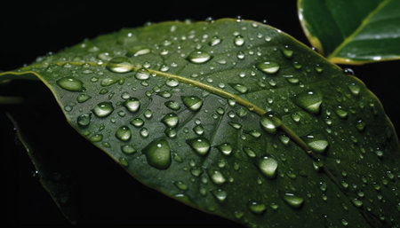 Vibrant green leaf reflects beauty in nature, wet with dew generated by artificial intelligenceの素材