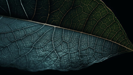 Vibrant leaf vein pattern in macro, backlit against black backdrop generated by artificial intelligenceの素材