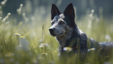 Cute puppy sitting in grass, looking at flower in meadow generated by artificial intelligenceの素材