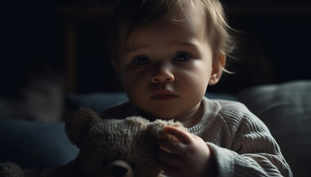 Smiling Caucasian toddler playing with teddy bear indoors, surrounded by love generated by artificial intelligenceの素材
