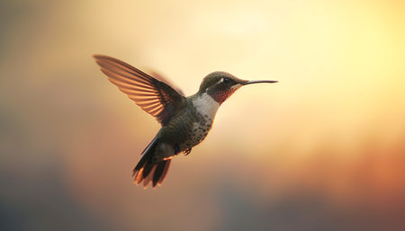 Hovering rufous hummingbird spreads iridescent wings in mid air beauty generated by artificial intelligenceの素材