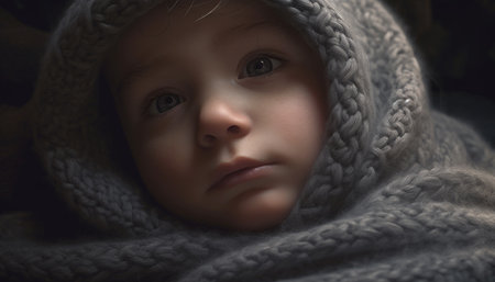 Smiling baby boy in warm winter clothing, looking at camera generated by artificial intelligenceの素材