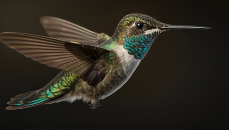 Small iridescent hummingbird hovering mid air, flapping wings in motion generated by artificial intelligenceの素材