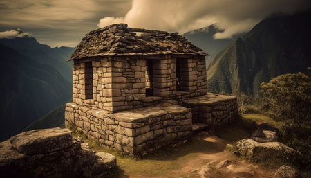 Travel to ancient ruins, explore nature beauty in abandoned architecture generated by artificial intelligenceの素材