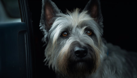 Cute schnauzer puppy sitting indoors, looking at camera with fluffy fur generated by artificial intelligenceの素材