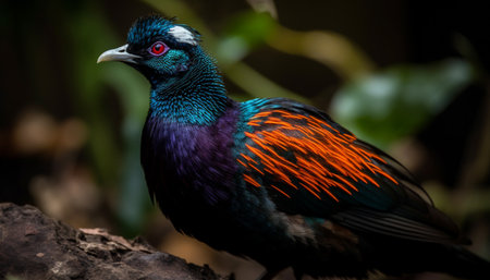 Peacock perching on branch, vibrant colors showcase natural beauty generated by artificial intelligenceの素材