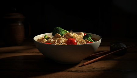 Fresh organic vegetarian meal on rustic wooden table with chopsticks generated by artificial intelligenceの素材