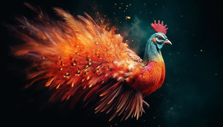 Vibrant rooster tail in motion, a majestic portrait of poultry generated by artificial intelligenceの素材