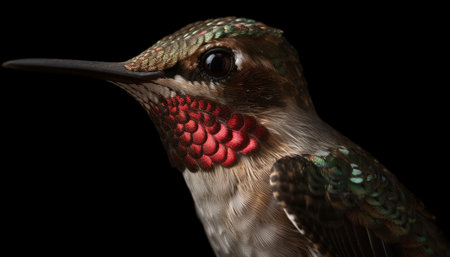 Vibrant hummingbird perching on branch, iridescent feathers in focus generated by artificial intelligenceの素材