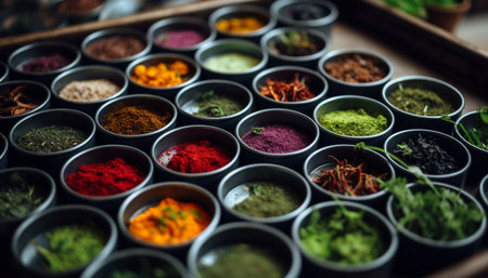 Organic spice collection Curry powder, paprika, saffron, turmeric, coriander generated by artificial intelligenceの素材