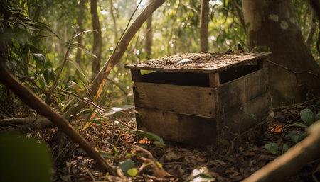 Healthy honey bee colony pollinates organic plant in rural forest generated by artificial intelligenceの素材