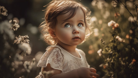 Smiling child holds flower, enjoying nature beauty in summer meadow generated by artificial intelligenceの素材