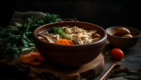 Fresh vegetarian soup in rustic bowl on wooden table indoors generated by artificial intelligenceの素材