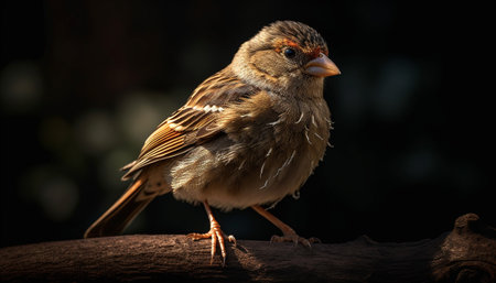 Small sparrow perching on branch, cute animal eye in focus generated by artificial intelligenceの素材