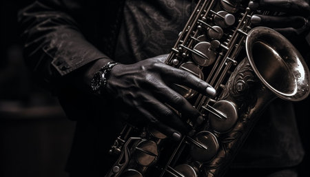 The skilled saxophonist blows elegance into the popular music concert generated by artificial intelligenceの素材