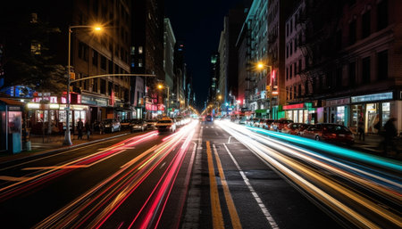 Glowing city life, illuminated by bright street lights and skyscrapers generated by artificial intelligenceの素材