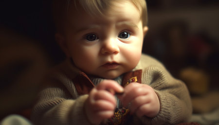 Cute baby boy sitting indoors, looking at camera with innocence generated by artificial intelligenceの素材