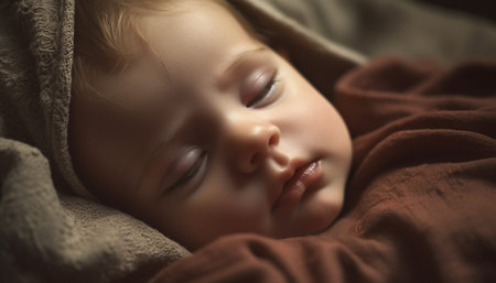 Serene baby boy sleeping peacefully wrapped in soft blanket generated by artificial intelligenceの素材