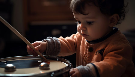 Cute Caucasian toddler playing percussion instrument, learning music indoors with joy generated by artificial intelligenceの素材
