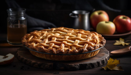 Rustic apple pie on wood plate, baked with homemade pastry dough generated by artificial intelligenceの素材