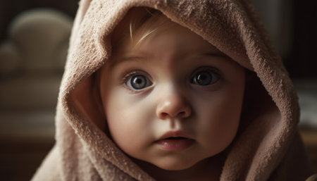 Cute baby boy and girl wrapped in towels, smiling for portrait generated by artificial intelligenceの素材
