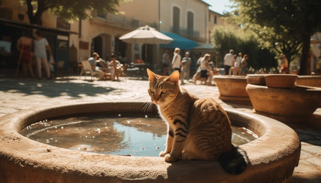 Playful kitten enjoys summer fun in the water with friends generated by artificial intelligenceの素材