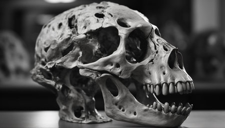 Spooky still life of ancient animal skull and human bone generated by artificial intelligenceの素材
