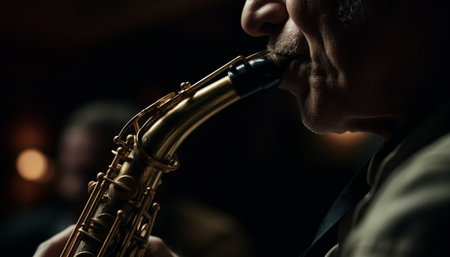 The skilled saxophonist blowing brass with focus on foreground performance generated by artificial intelligenceの素材