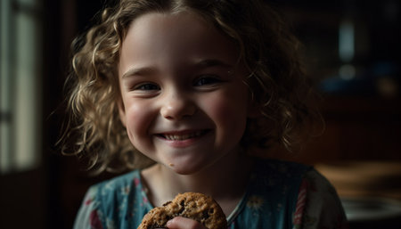 Cute curly haired girl enjoying a chocolate cookie at home generated by artificial intelligenceの素材