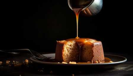 Indulgent homemade dessert, sweet fruit slice on organic wood plate generated by artificial intelligenceの素材