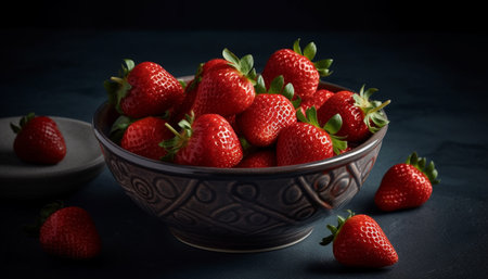 Organic berry fruit bowl, a refreshing summer dessert on rustic table generated by artificial intelligenceの素材