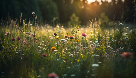 Vibrant wildflowers blossom in tranquil meadow at sunrise, nature beauty generated by artificial intelligenceの素材